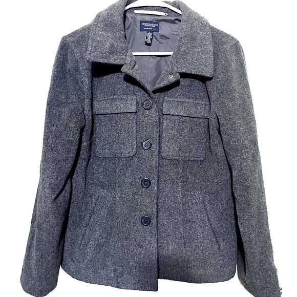 American Eagle Gray Wool Coat Jacket Womens Large Button Front Peacoat Military - Picture 1 of 7